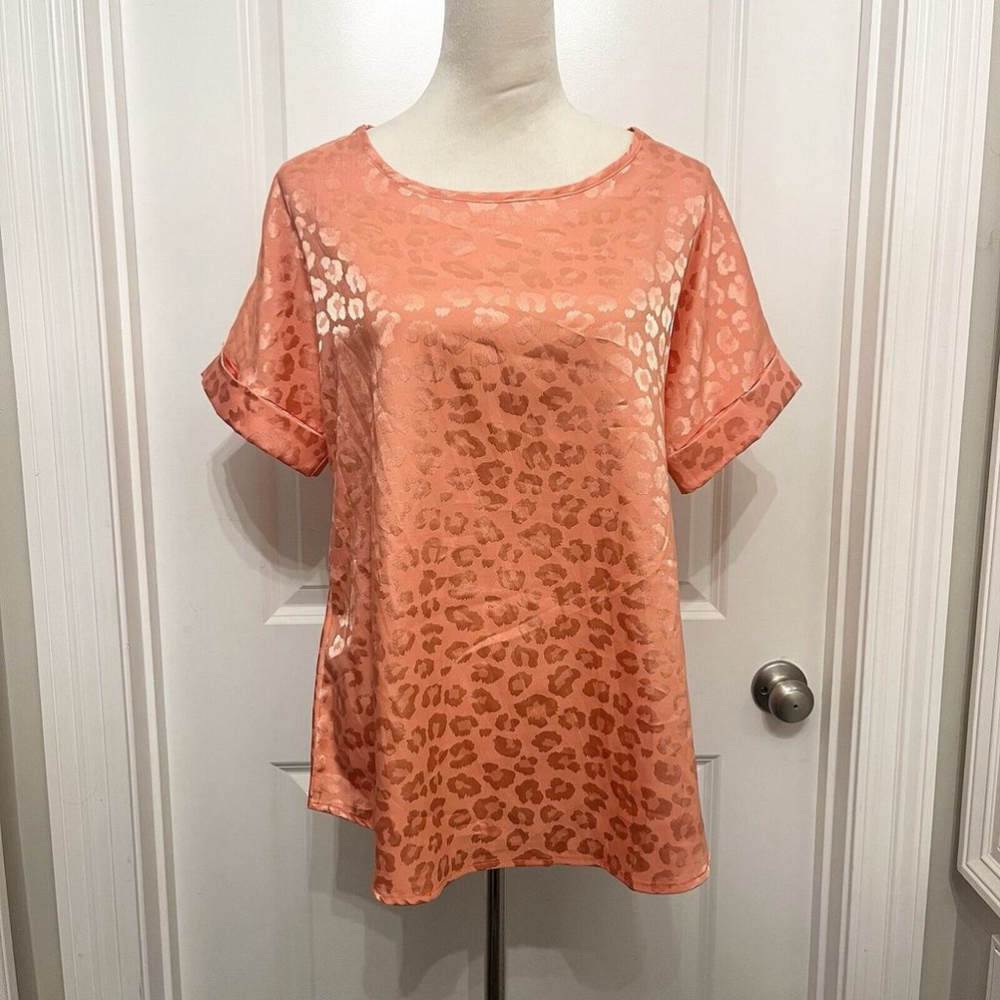 JODIFL Women’s Satin Orange Oversized Cheetah Print Blouse- Small